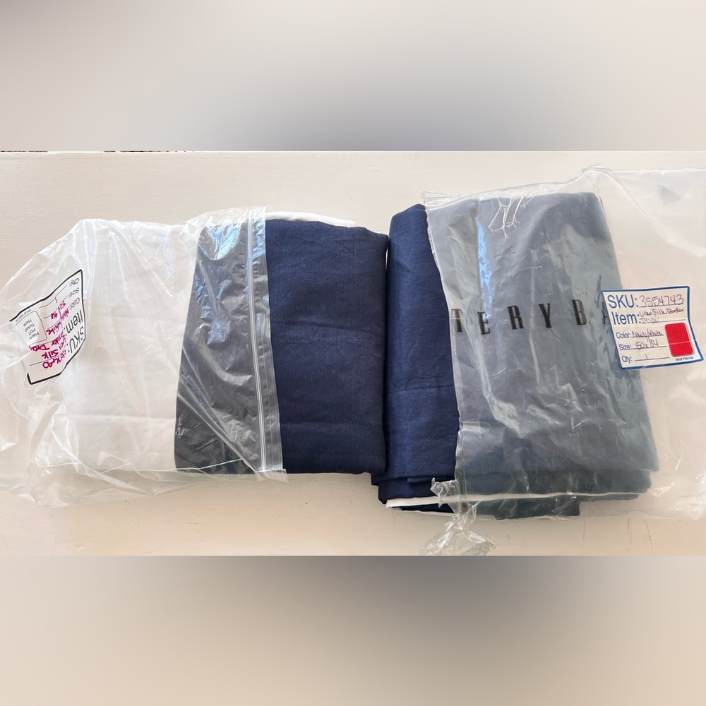 2 Pottery Barn Navy Linen White Silk Border Drape Curtain Panels 50x84 - Picture 5 of 5